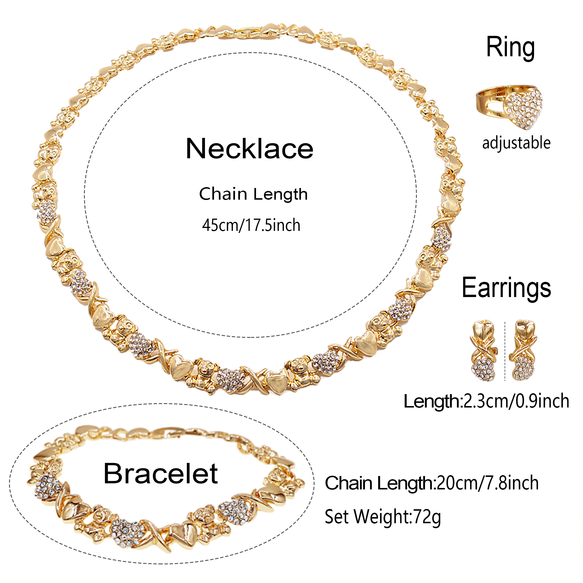 Conjunto de joyería de Color dorado para mujer, conjunto de collar chapado en oro de 18 quilates, collar de oso a la nupcial para boda, pendientes, anillo, en forma de corazón