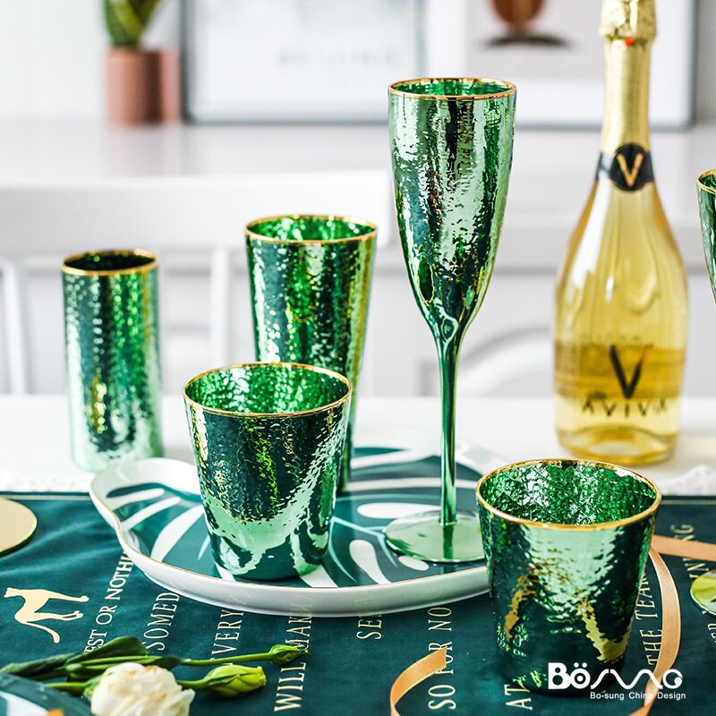 Retro Emerald Glas Luxe Nordic Phnom Penh Electroplated Ins Rode Wijn Glas Grote Capaciteit Drinken Gold Champagne Cup Beker