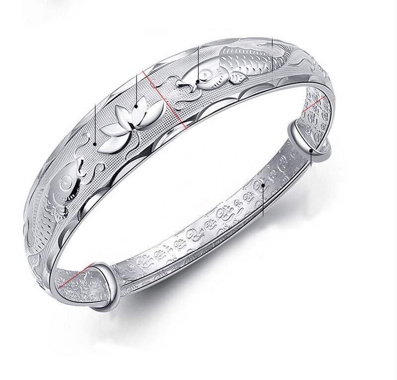 3PCS Bright Silver Color Plate Cuff Bangle Bracelet: Fortune Fish