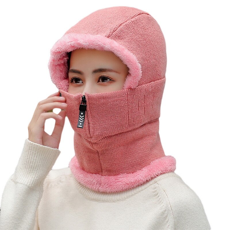 Dames winter warme wollen muts met fluweel dames warme wollen muts met bib masker en oorbescherming stofdichte fietsmutsen: Roze