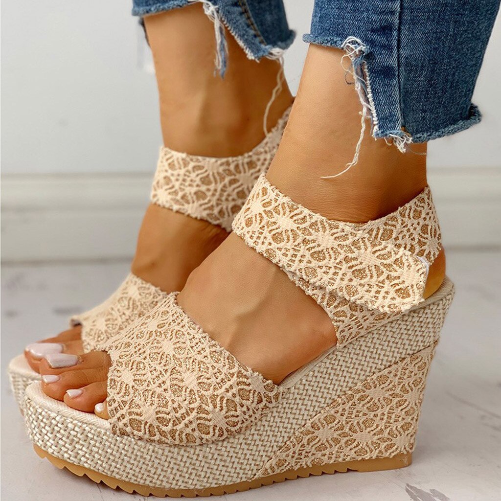 Sandales d'été à talons compensés pour femmes, chaussures de plage à lacets, motif Floral: Yellow / 8.5