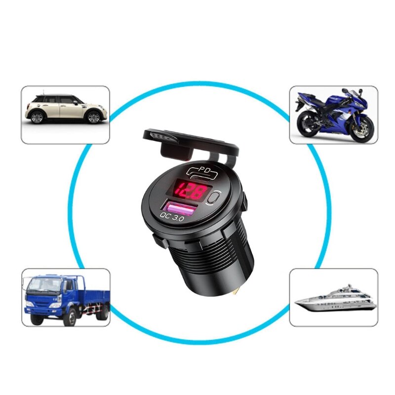 12V 24V Type C Pd QC3.0 Usb Auto Boot Snelle Lader Met Voltmeter Op Uit Schakelaar