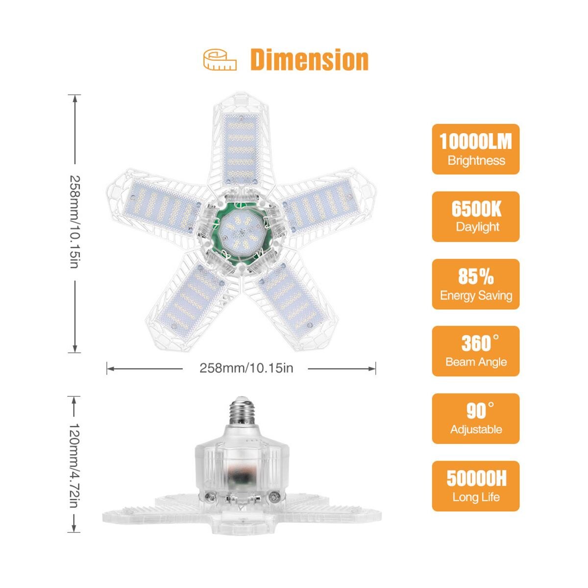 5 Adjustable Panels LED Garage Light E27 Deformable Ceiling Light 10000LM For Shop/Storage/Warehouse Workshop Lighting