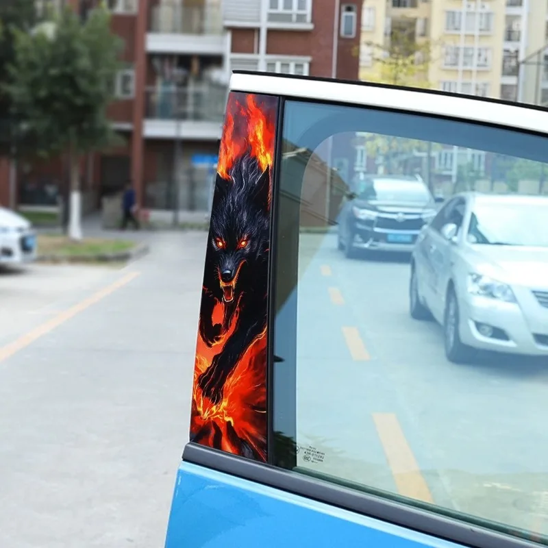 Car Window Center Pillar Sticker Door B-pillar Flame Wolf Tiger Decorative Decal Black Carbon Patterned Waterproof Car Stickers