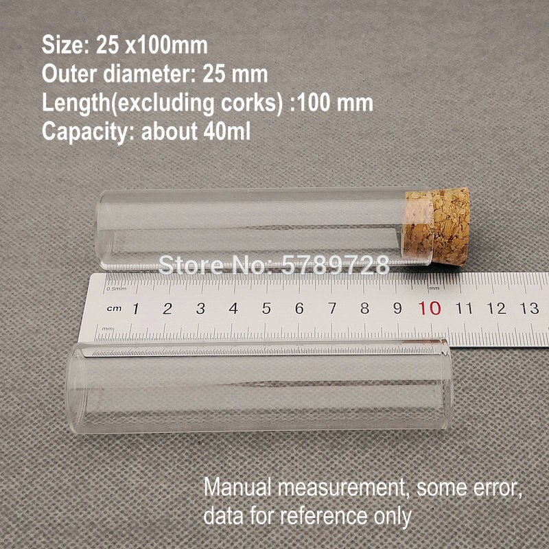 Tubo de ensayo de fondo plano de vidrio transparente con tapón de corcho, recipiente de reacción de laboratorio con boca plana de vidrio grueso, 25x100mm, 30 unids/lote