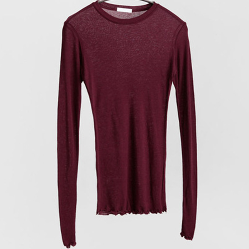 Enfärgad t-shirt kvinnor bomull elastiska enkla t-shirts kvinnliga casual toppar långärmade sexiga tunn t-shirt genomskinlig: S / Rödvin