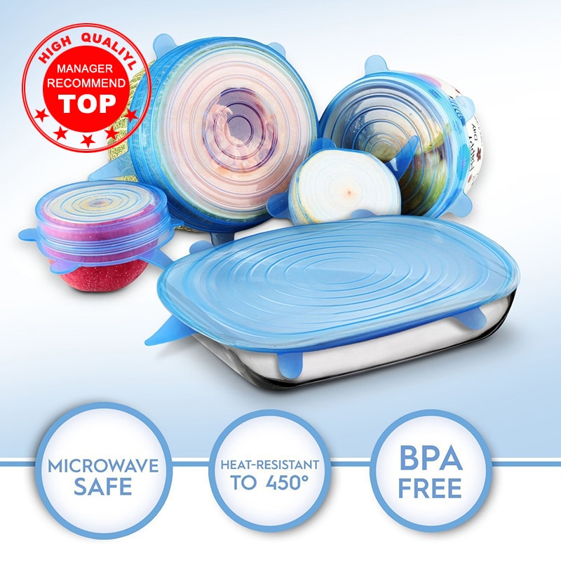 6 unids/set tapas elásticas de silicona reutilizables tapa universal tapa de silicona para alimentos tapa de olla tapa de silicona cacerola tapones de cocina