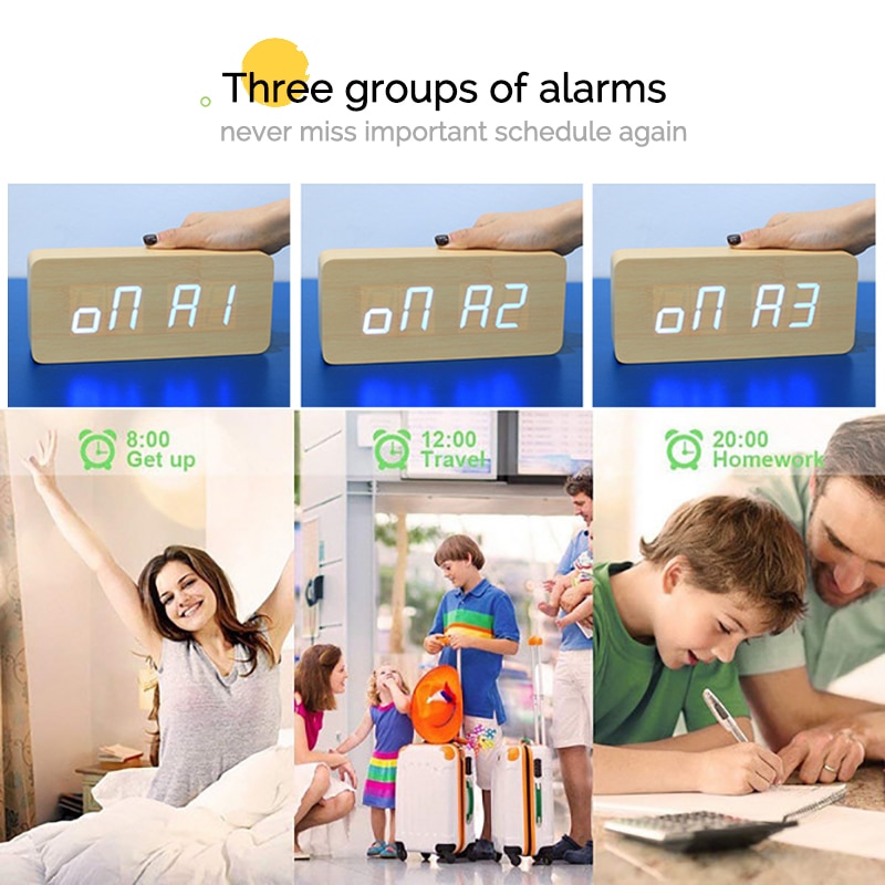 Jinsun Digitale Klokken Led Houten Despertador Moderne Vierkante Kleurrijke Wekker Met Temperatuur Voice Control Desktop Sensor