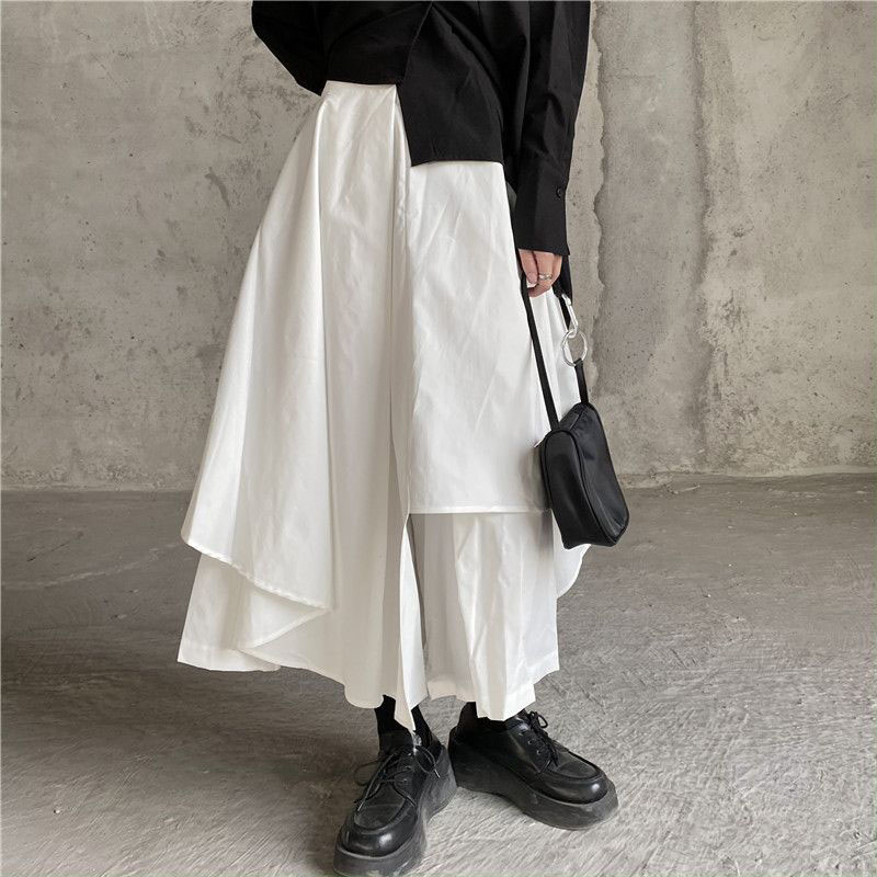 Faldas de mujer, faldas góticas irregulares, pantalones de mujer de cintura alta, faldas largas blancas y negras, faldas plisadas para mujer, Culottes, ropa para mujer: XXL / Beige