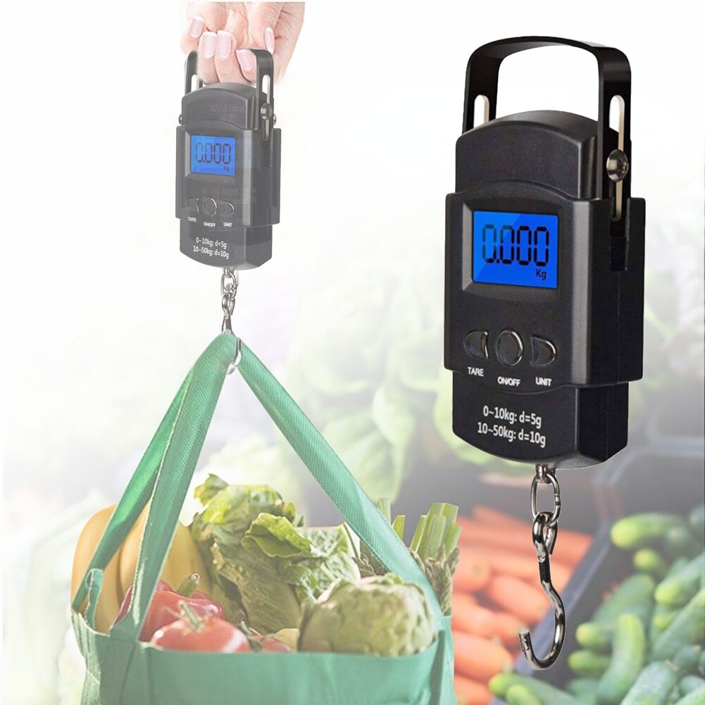 Mini Portable Digital Scale 50Kg Hand Held Hanging Hook Weighing Scale with Back Light Pocket Electronic Scale for Luggage Food