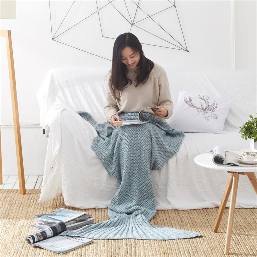 Rose pink Mermaid Tail Blanket Yarn Knitted Handmade Crochet Mermaid Blanket Kids Throw Bed Wrap Super Soft Sleeping Bed Blanket: Grey blue / 70X140cm