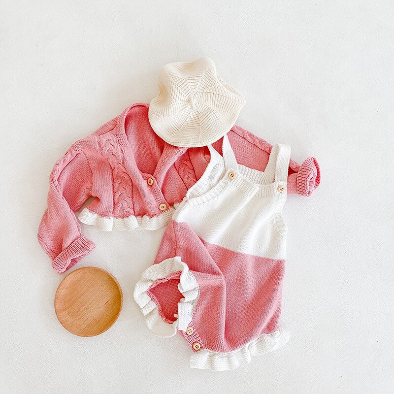 Autumn Baby Girl Clothes Set Girls Short Knit Cardigan Coat And Baby Girl Knitted Ruffled Bodysuit Jumpsuit Girls Sweater Suit