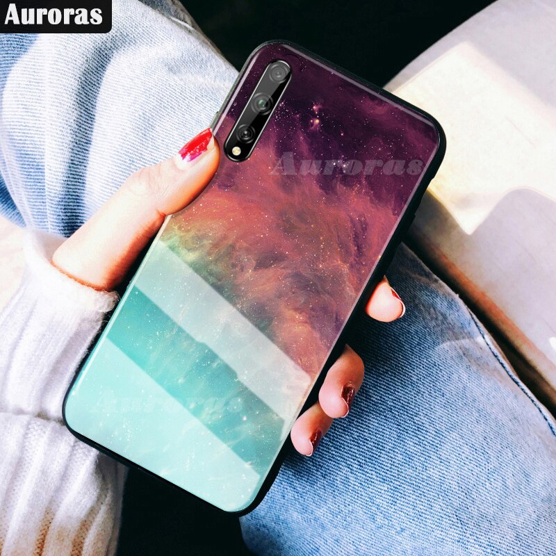 Obudowa zorze polarne robić HUAWEI Y8P obudowa ze szkła hartowanego gwiaździste niebo projekt Funda robić Huawei Y8p pokrywa odporna na wstrząsy Funda