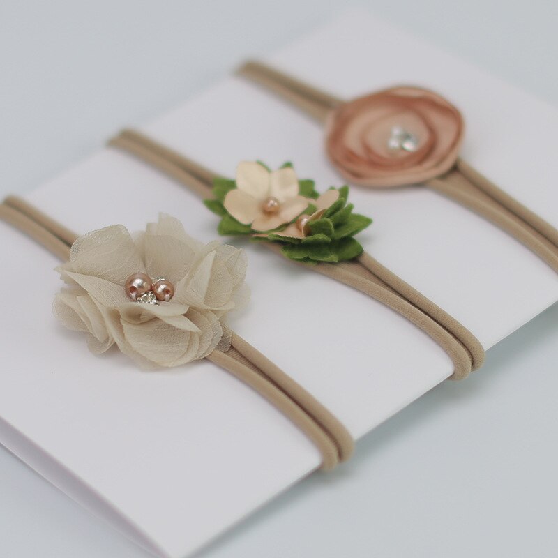 3 Pcs/Set Lace Flower Baby Headband Crown Bows Hairband Girl Turban Elastic Baby Hair Band Newborn Baby Hair Accessories: Style 2 khaki