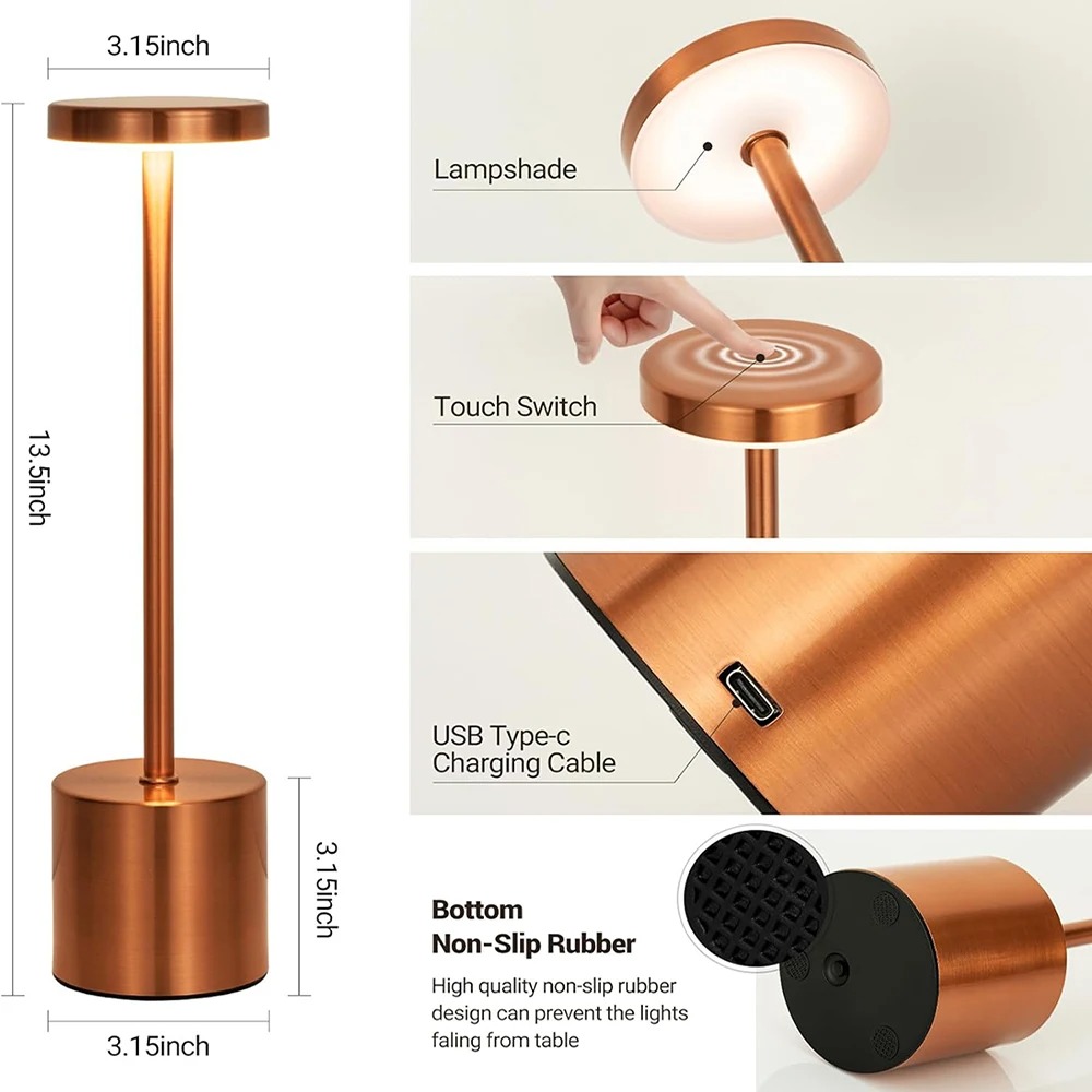 Klassische Metall-Tischlampe mit Berührungssensor, LED, Schreibtischlampe, 3 Farben, kreatives Umgebungslicht, Bar, Raumdekoration, Nachtlicht, wiederaufladbar