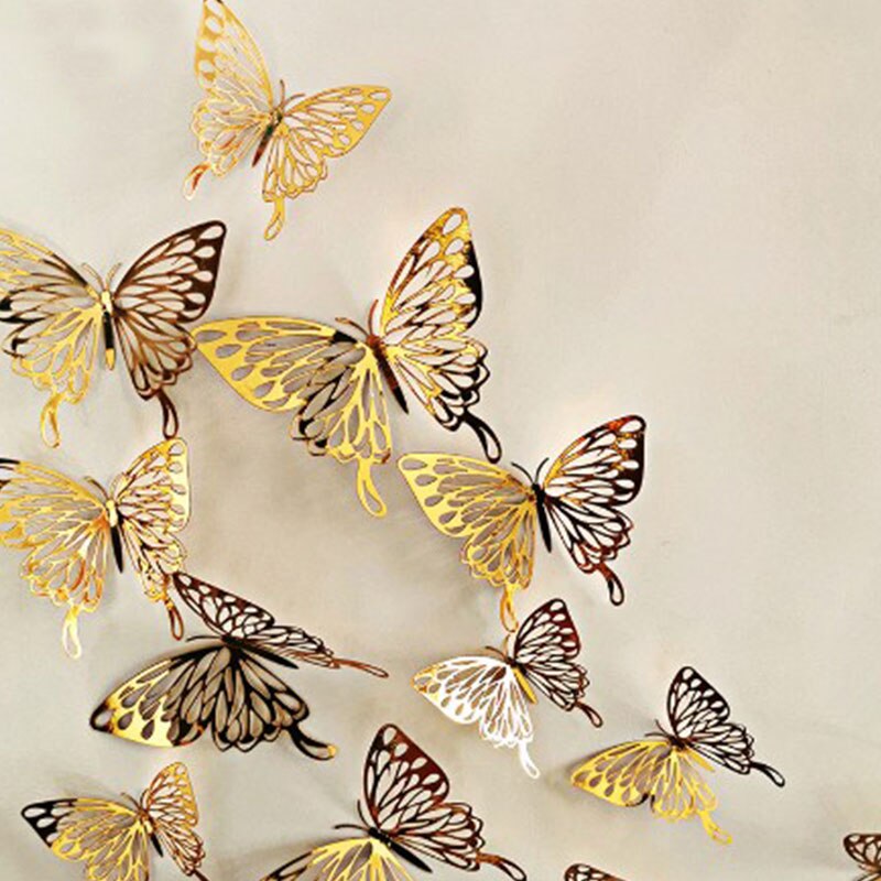 12 stk / parti 3d hule gyldne sølv sommerfugl væg klistermærker kunst hjem dekorationer vægoverføringsbilleder til fest bryllup display sommerfugle