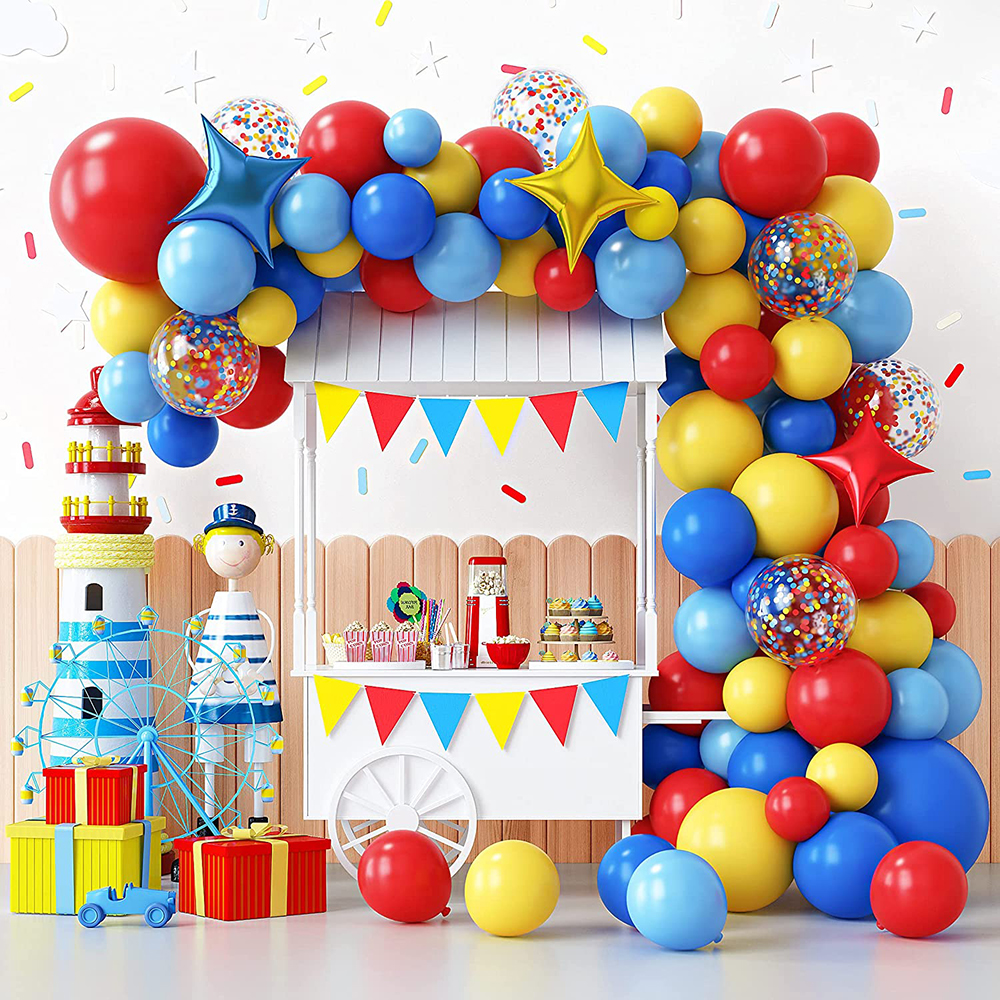 Guirlande de ballons de cirque de carnaval en arc, Kit de confettis rouge bleu jaune, jouet en feuille d'étoile, décoration de fête d'anniversaire arc-en-ciel