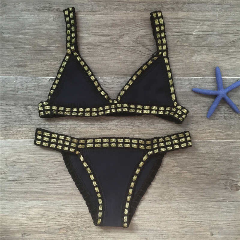 Women's Bikini Hand Crocheted Knit Patchwork Swimsuit Women Swimwear Beach Vacation Halter Top Maillot Biquini Bathing Suits: Black