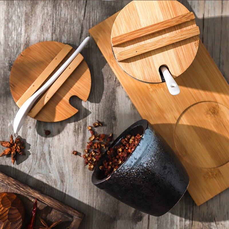 Japanse Stijl Keramische Kruidenrek Kruiden Doos Zout En Peper Containers Set Met Bamboe Deksel Dienblad Kruiderij Jar