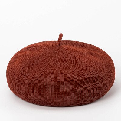 Simple light version 18-color women's beret hat spring and summer thin linen texture painter hat girl beanie hat: Brick red