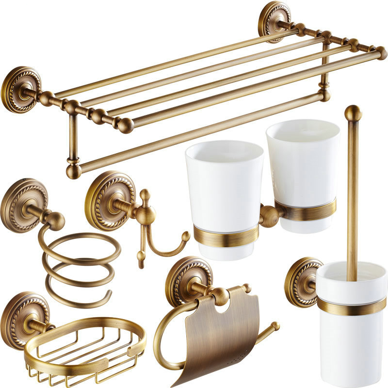 Juego de accesorios de baño de latón antiguo, toallero, soporte de papel higiénico, cepillo de baño, jabonera de Ducha