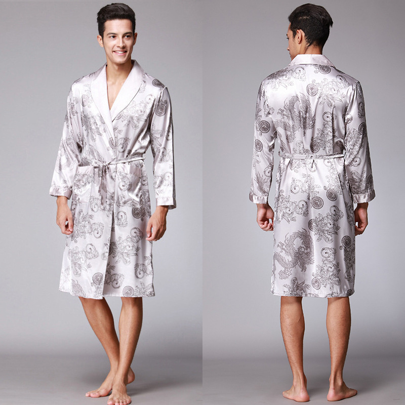 Mannen Zomer Herfst Kimono Badjas Zijde Satijn Gouden Draak Lange Badjas Kamerjas Knielengte Zwarte Nachtkleding: XL / YELLOW