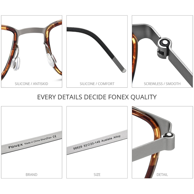 FONEX Acetate Lichtmetalen Bril Frames Voor Mannen Vierkante Bijziendheid Optische Brillenglazen Frames Schroefloos Eyewear 98629