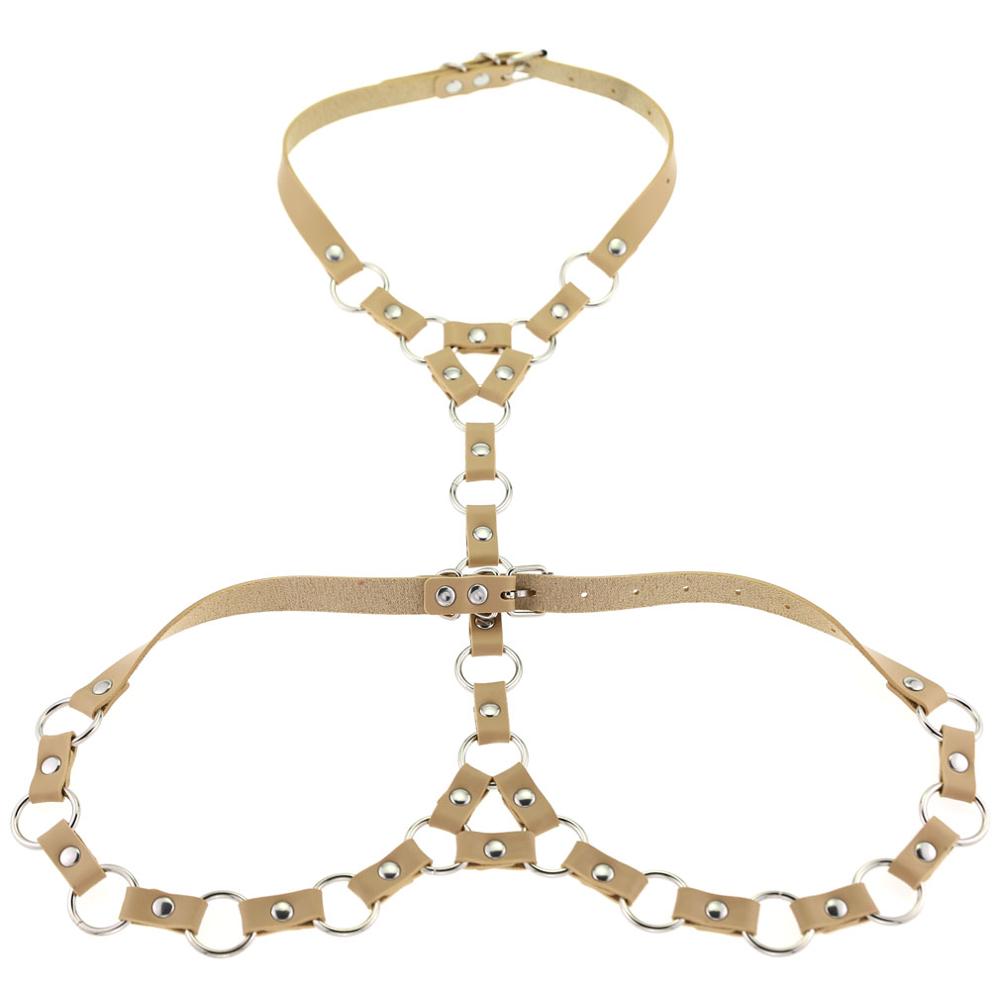 Mode Punk PU Lederen Harnas Body Met O-Ring Choker Bondage Taille Riemen: ivory