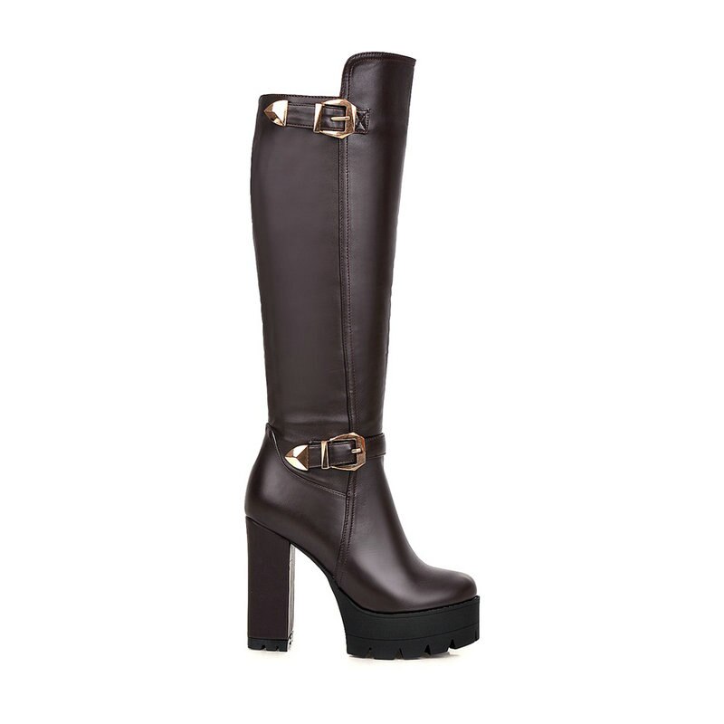 Platform Knee High Boots Women Square High Heel Long Boots Woman Pu Leather Shoes Autumn Winter Size 34-43