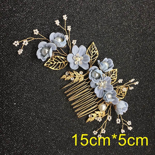 Lky fr bryllup hår tilbehør brude hovedbeklædning kamme guld blade brud hovedbeklædning perle hårnål blomster brud bryllup dekoration: Blåt hårtøj a
