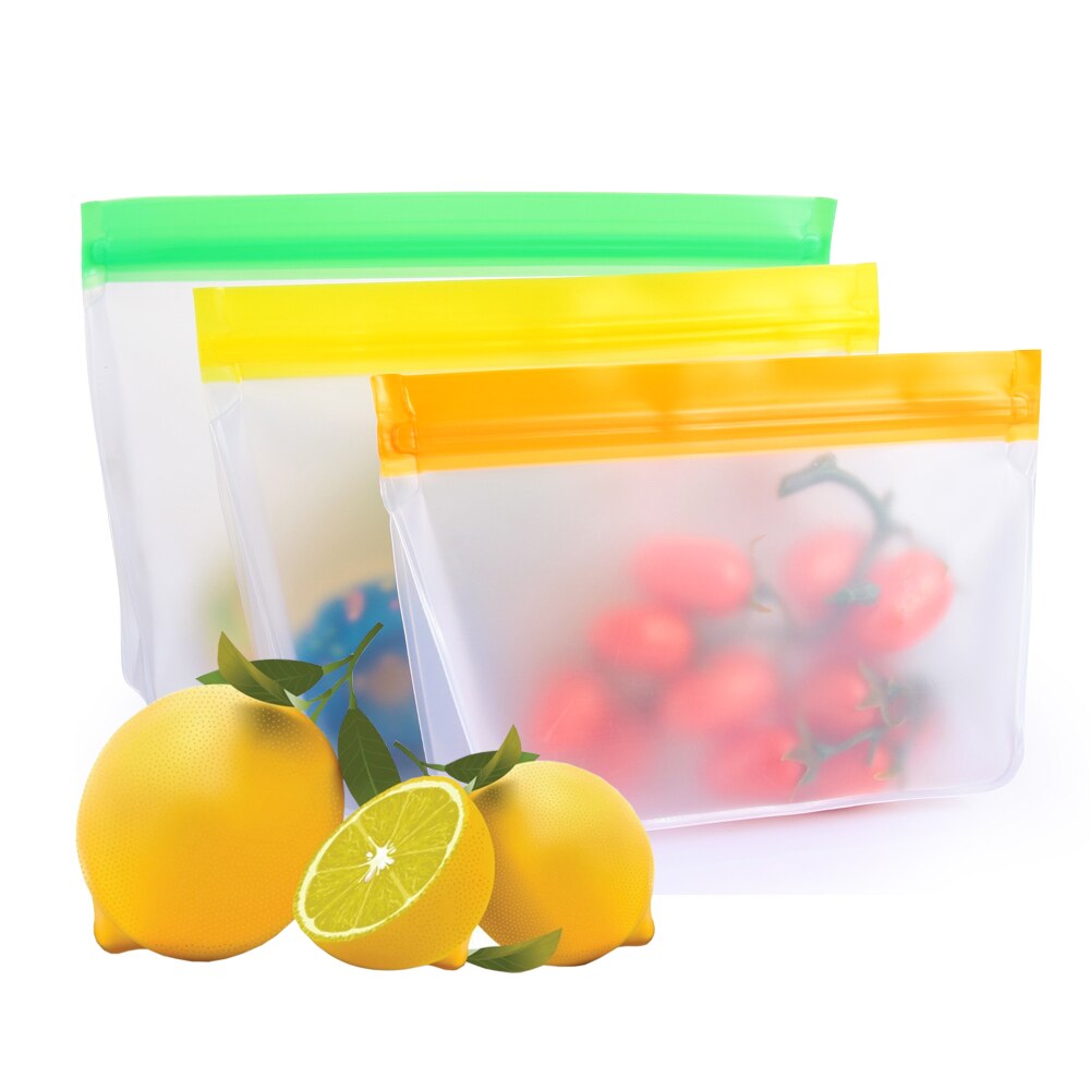 3Sizes Reusable Freezer Silicone Fresh Bag Food Storage Container Stand Up Leakproof Zip Shut Bags Kitchen Organizer