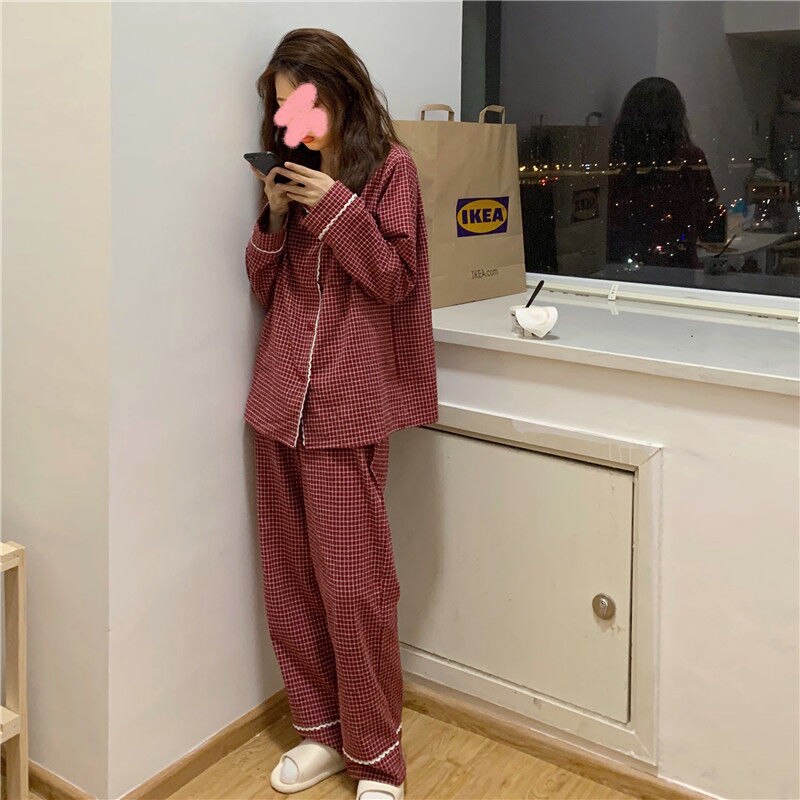 Japanilainen pyjama naisten pitkähihaiset syksyn talvi yöpuvut punaiset ruudulliset pyjamat tyttöjen kotivaatteet naisten kotivaatteisiin