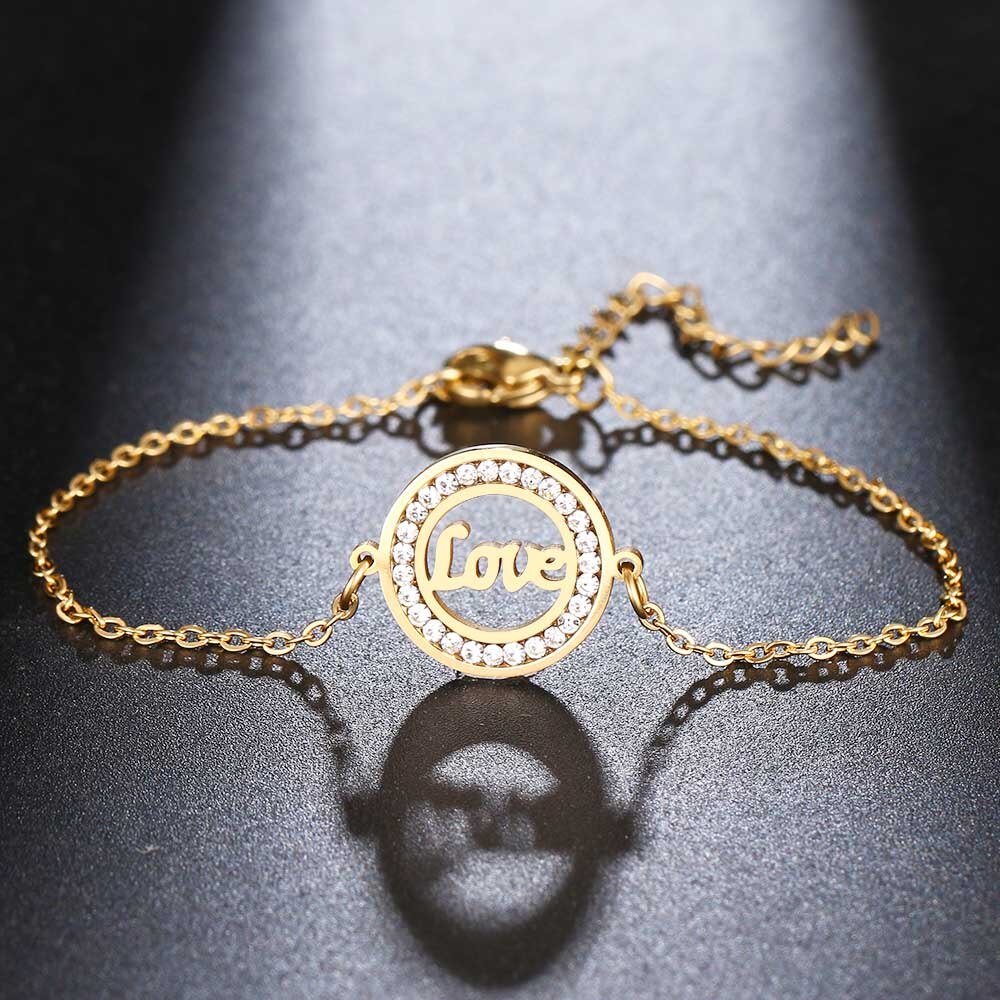 CACANA 316L Stainless Steel For Women Crystal Bracelet Simple Hollow LOVE Round Bracelets Gold Color Engagement Jewelry: Gold Color