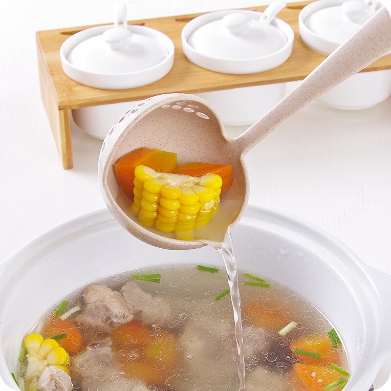 Køkkenudstyr 2 in 1 lang håndtag suppe ske hjem sil scoop madlavning dørslag plast slev bordservice køkken tilbehør