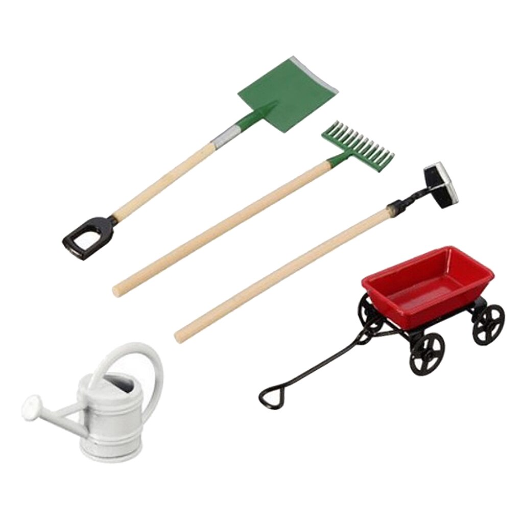 1/12 gieters + karretje + schep hark set poppenhuis tuin model