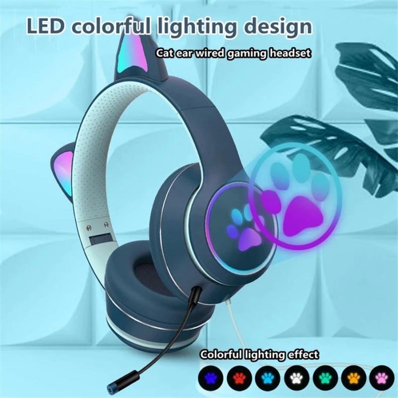 Cute Cat Ear Wired Headphone Noise Reduction Virtual Dual Mic Headphones LED Light Gaming Headset For Laptop Computer Gamer