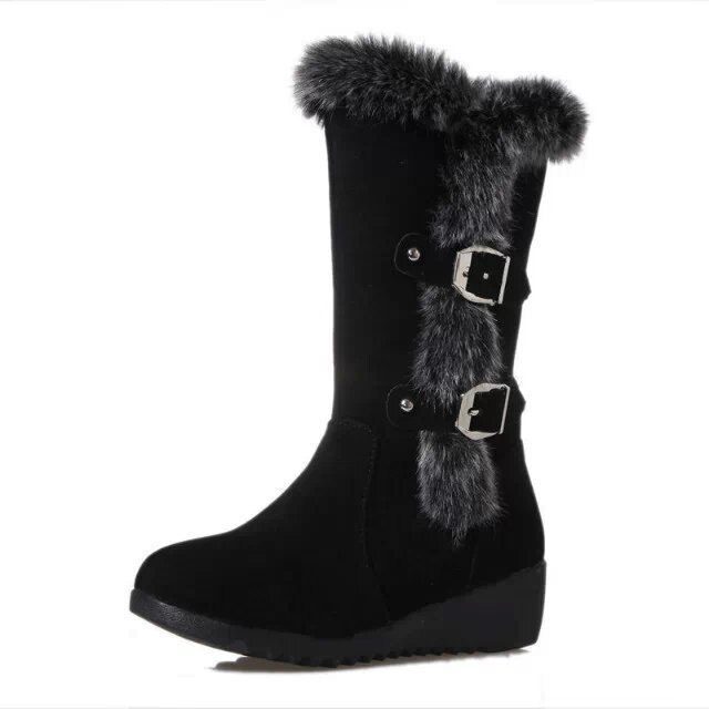Vinter mid boots varmare plysch dam platta skor solid fuskpäls skor flickor långa stövlar kvinnliga snökängor kvinna: Svart / 35