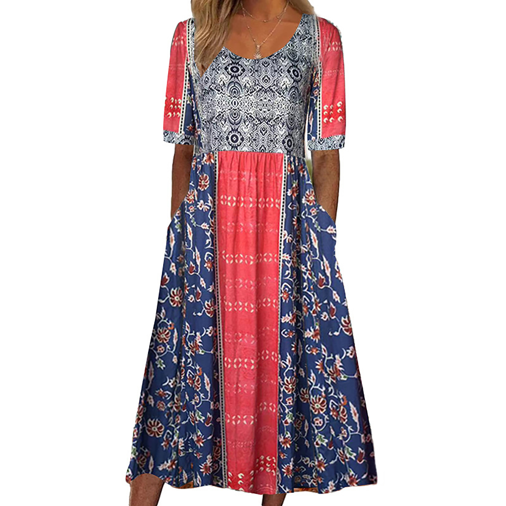 Robe longue style bohémien pour femmes, ample, imprimée, col rond, manches courtes, été 2025: S / BLEU CIEL