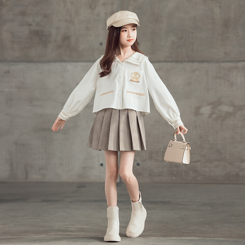 Children's Spring Polyester Blouse Suits Middle School Students Korean College Style Pleated Skirt Girls Two-piece SuitLB271