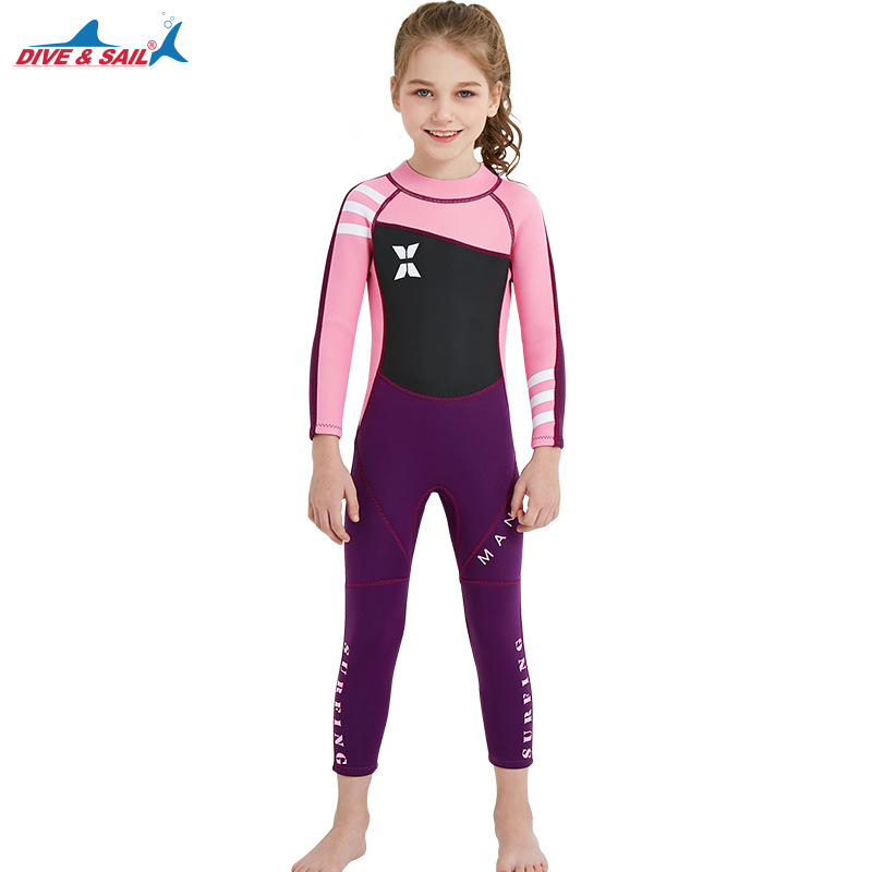 Lycra 2.5mm kids wetsuit girls long-sleeved surf suit, drifting suit,snorkeling suit,diving suit, quick-dry one-piece swimsuit: option1 / 125-135