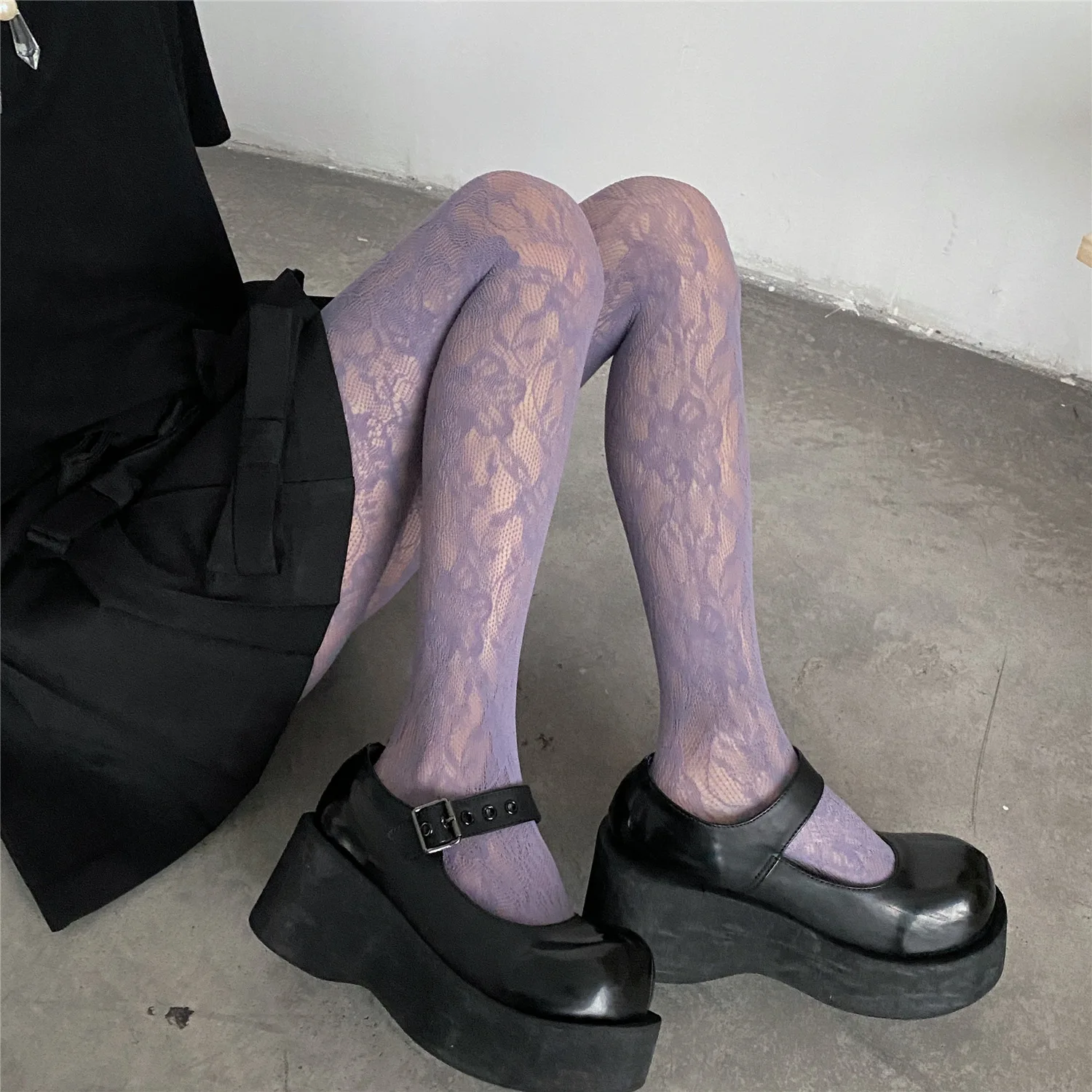 Medias florales estilo Punk para chicas dulces de Lolita, medias altas hasta el muslo coloridas, lencería Sexy para mujer, pantimedias de rejilla de malla caladas: Azul cielo