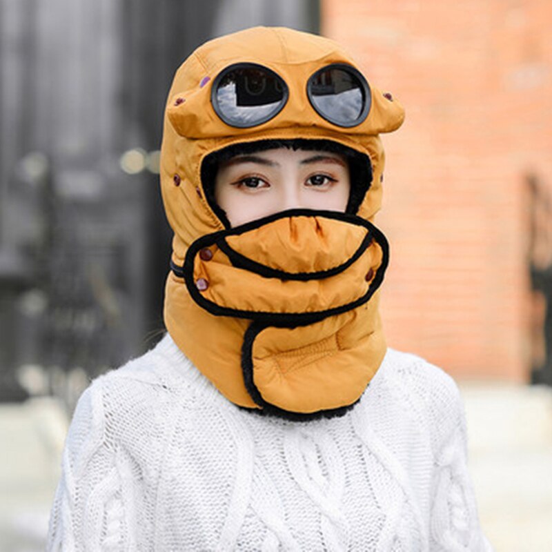 Winter Warme Muts Met Bril Multifunctionele Lei Feng Hoed Koude-Proof Plus Fleece Hat Riding Warm Katoenen Muts Winddicht nek Hoed: women yellow