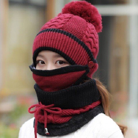 Vinter varme kvinder strikket beanie tørklæde hat ansigtsmaske 3 stk snood hals pompon hætter: Rødvin
