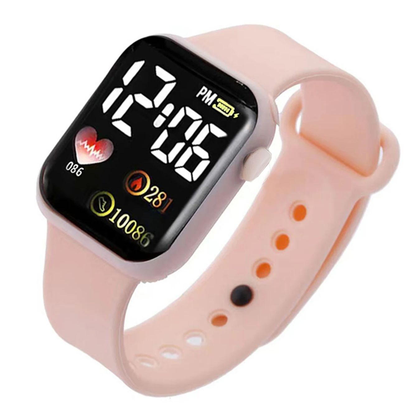 Reloj digital deportivo simple rectangular de silicona para mujer, color rosa, con corazón, collar completo de diamantes, de cumpleaños