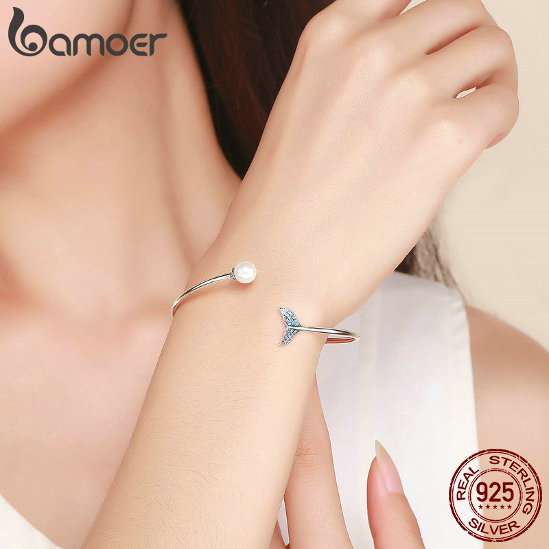 BAMOER 925 Sterling Silver Mermaid&#39;s Tail Open Cuff Women Bracelets &amp; Bangles Sterling Silver Jewelry SCB123