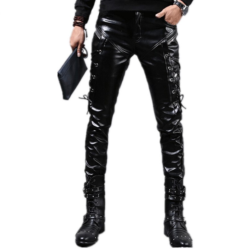 Punk Stil Dünne PU Leder Hosen Party Bühne Leistung Nacht Club Steampunk Faux Spitze Up Pleather Hosen: 32 / C147
