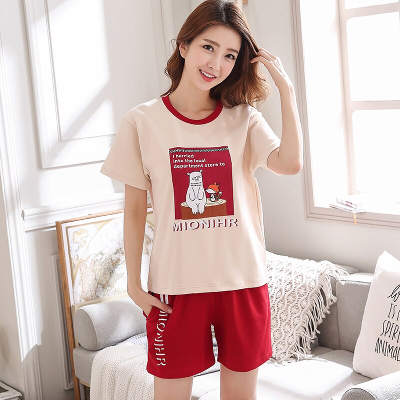 BZEL Summer Cartoon Pajamas Set Cotton Women's Sleepwear Red Shorts Home Suits Casual Nightwear Pijamas Femme Pyjamas Nighty