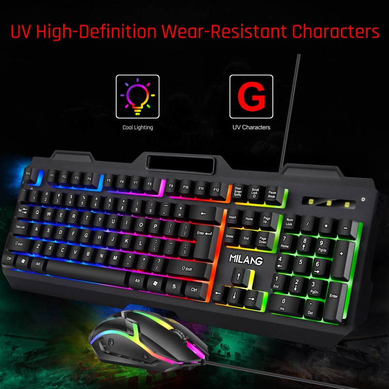 Mechanical Feel Gaming Keyboard Mouse Set Metal Iron Plate Floating Keycap USB Wired Colorful Luminous Keyboard for PC Gamer
