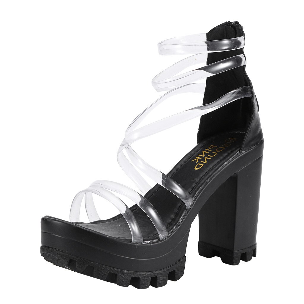 Sandales femmes talons épais fermeture éclair imperméable plate-forme talons hauts chaussures sandales Peep-orteil compensé confortable sandales: B / 41