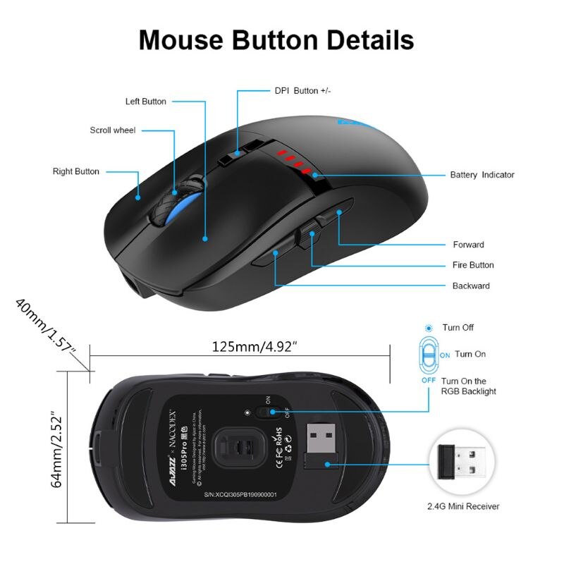 AJazz -Grade i305Pro RGB 2.4G Gaming Mouses Wireless Dual Mode Rechargeable 200-16000 DPI